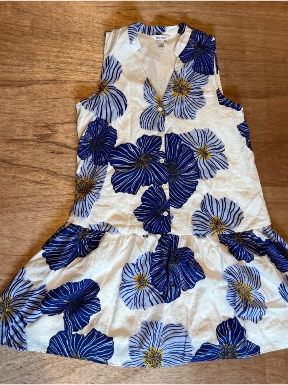 Nine West Blue White Floral Sleeveless V-Neck Drop Waist Dress M